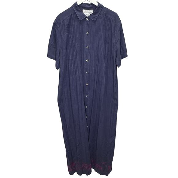 Vintage Jessica Howard Plus Linen Shirt Dress Size 2X Blue Short Sleeve Maxi - Picture 1 of 6
